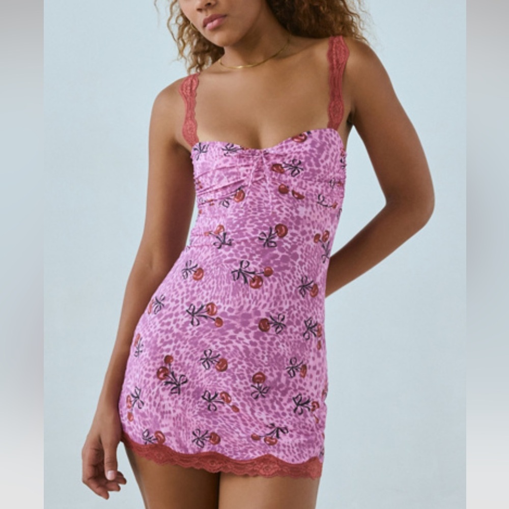 Urban Outfitters out from under blush lace strap mesh Floral Print Slip Dress